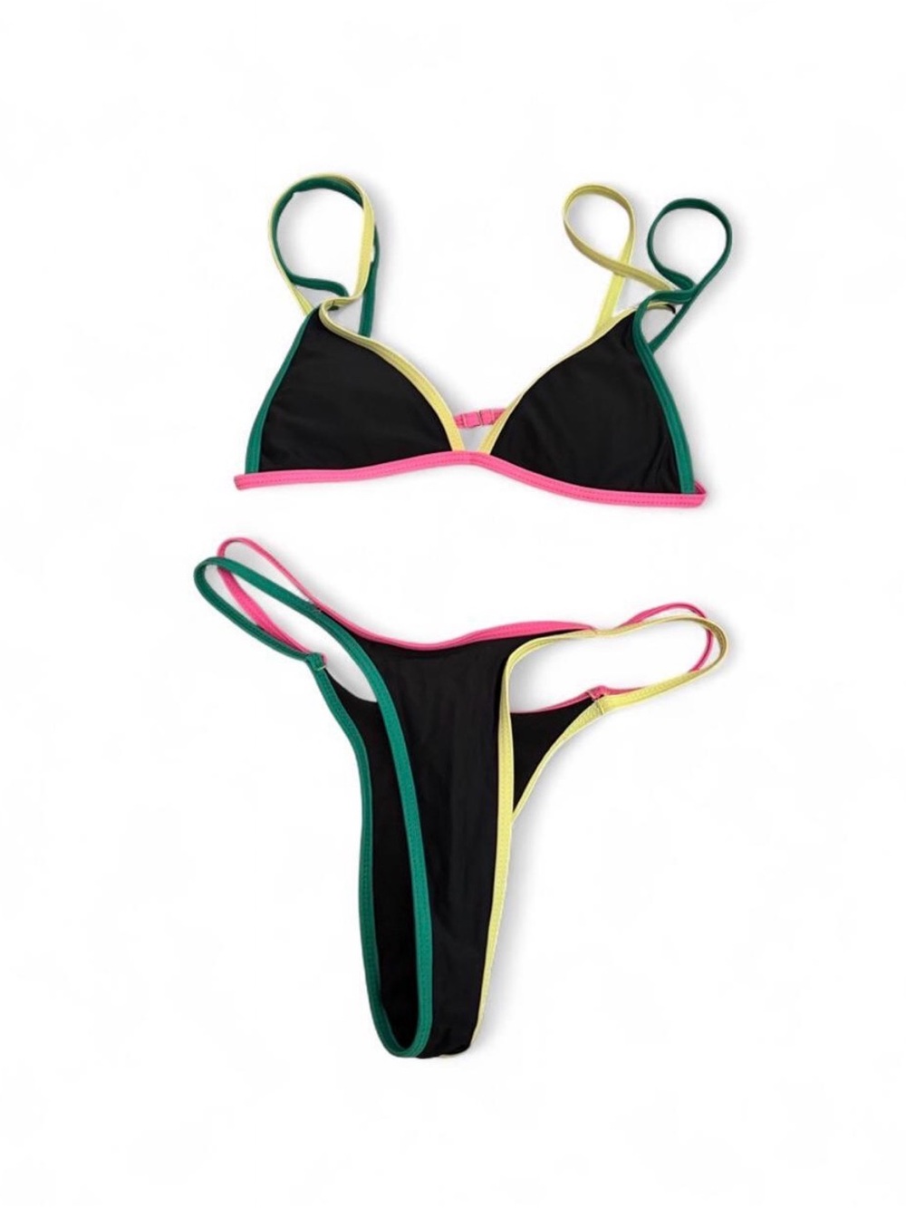 Black Triangle Bikini with Pink, Green & Yellow Trim - Women's Swim